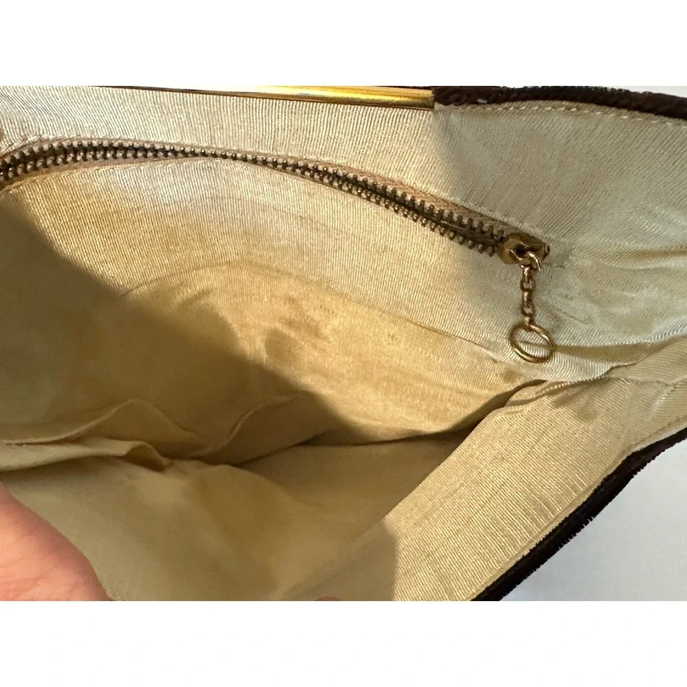 Vintage 50s Brown Velvet Fold Over Clutch Dance Purse Vanity Bag Compact‎